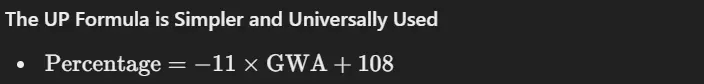 GWA in UP Grading Scale to Percentage Formula